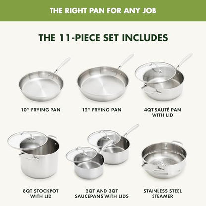 GreenPan Stainless Steel Cookware Set, 11 Piece, Induction Cookware, Dishwasher Safe, Oven Safe to 600F, Large 8QT Stock Pot, Sauce, Saute, Frying Pans, Pots & Pans Kitchen Essentials, Silver