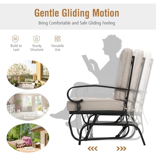GIANTEX Outdoor Glider Bench, Patio 2 Person Loveseat with Removable Cushion, Thick Padded Seat, Stable Steel Frame, Outside Glider Swing Chair for Deck, Poolside, Yard, Balcony, Porch, Beige