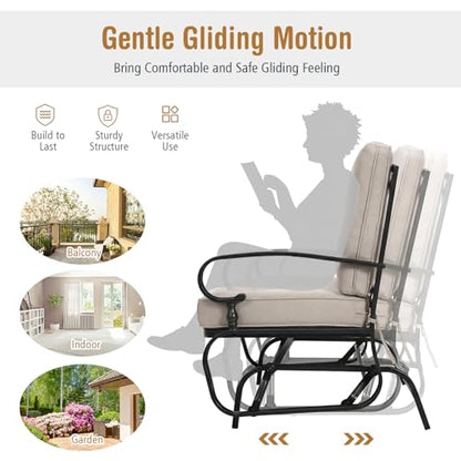 GIANTEX Outdoor Glider Bench, Patio 2 Person Loveseat with Removable Cushion, Thick Padded Seat, Stable Steel Frame, Outside Glider Swing Chair for Deck, Poolside, Yard, Balcony, Porch, Beige