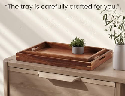 Fibogollo Set of 2 Acacia Wood Serving Tray with Handles,Decorative Trays Platter,Breakfast Tray in Bed,Food Drinks Tray for Eating,Working,Storing(Brown)