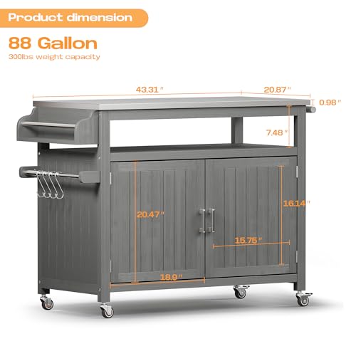 FUQARHY 43.3-Inch Outdoor Kitchen Island with Storage Cabinet and Stainless Steel Top, Solid Wood Prep Station Grill Table with Lockable Wheels for Patio, Backyard, Party (Gray)