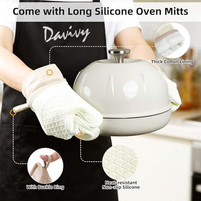 Davivy 5QT Dutch Oven for Sourdough Bread, Enamel Cast Iron Bread Pan, Round Sourdough Pan Bread Dutch Oven Bread Cloche with Slicone Oven Mitts - White