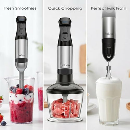 EuLea 8-in-1 Hand Blender 1200W 5-Speed, Immersion Stick Blender Set with Meat Grinder Dough Hooks Whisk Mixing Cup Storage Rack, for Smoothie Soup Puree Food Dough
