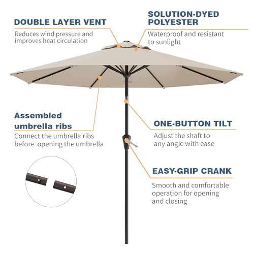 Tobeos 10FT Patio Umbrella, Outdoor Umbrella with Push Button Tilt and Crank, 8 Sturdy Ribs, UV Protection & Waterproof Market Umbrella for Pool, Backyard, Beach,Deck (Beige)