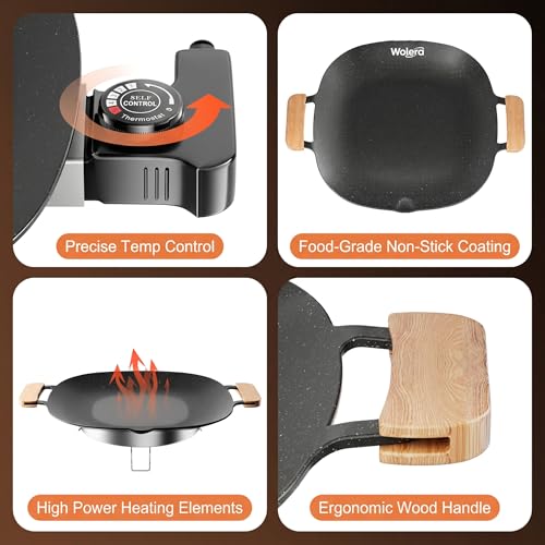 Wolera Smokeless Indoor Electric BBQ Grill with Wooden Handles – Adjustable Temp Nonstick Griddle, Perfect for Steak, Pancakes & Low-Fat Meals, Easy to Clean & Dishwasher Safe