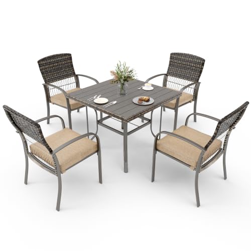 Pamapic 5‑Piece Patio Dining Set, Beige PE Rattan Table & Chairs with Comfort Cushions