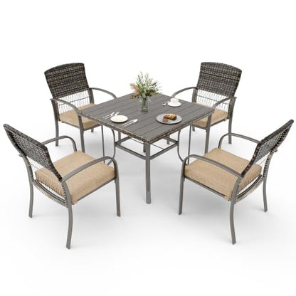 Pamapic 5‑Piece Patio Dining Set, Beige PE Rattan Table & Chairs with Comfort Cushions