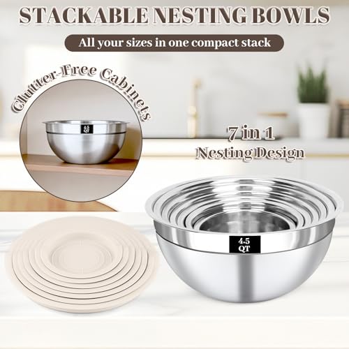 Boskermeal Mixing Bowls with Lids Set - 7PCS Nesting Mixing Bowls, Lids, Stainless Steel Mixing Bowls for Mixing, Baking & Meal Prep, Dishwasher Safe, Size 0.7/1.1/1.5/2.1/3.5/4/4.5 QT, Khaki