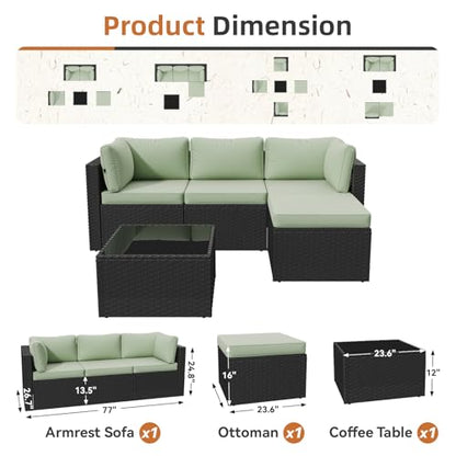 Aoxun Patio Furniture Set 5-Piece, Outdoor Sectional Sofas with Washable Cushion, Wicker Rattan Patio Conversation Sets for Backyard Porch and Poolside, Mint Green