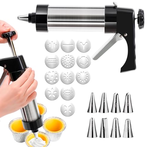 Cookies Press Gun,Stainless Steel Spritz Cookie Press with 13 Cookie Presss Discs and 8 Icing Tips,Durable Butter Cookies Shooter for DIY Biscuits(silver)