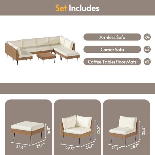 ENSTVER 8-Piece Dual-Strand Wicker Outdoor Sectional, Premium Outdoor Sofa with Durable Polyester Cushions & Ergonomic Sling-Back, Complete Outdoor Furniture Set for Large Patio(Cushion White