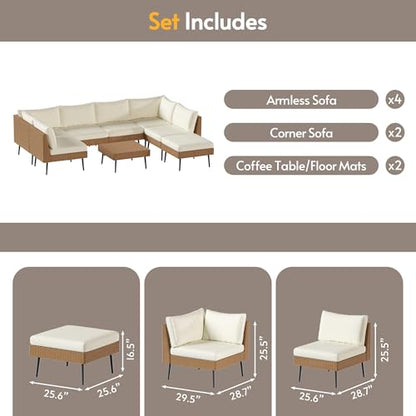 ENSTVER 8-Piece Dual-Strand Wicker Outdoor Sectional, Premium Outdoor Sofa with Durable Polyester Cushions & Ergonomic Sling-Back, Complete Outdoor Furniture Set for Large Patio(Cushion White
