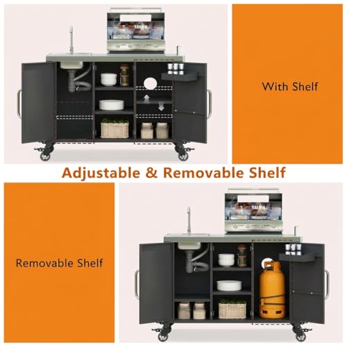 Casaphoria 55.5" Outdoor Kitchen Island with Sink, Stainless Steel BBQ Grill Cart & Pizza Oven Table, Portable Bar Station with Lockable Wheels for Patio Lawn Garden