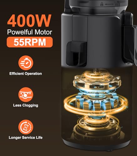 URVIBY Juicer Machines, Cold Press Juicer with Double Press Technology, Large Feed Chute, 400W Motor, High Juice Yield, Easy to Clean, Masticating Juicer for Whole Vegetables & Fruits, Dark Black