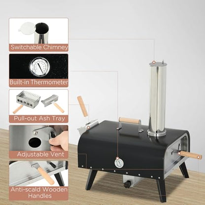 Outsunny Wood Fired Pizza Oven with 12" Rotating Stone, Peel and Waterproof Cover, Portable Pizza Maker with Foldable Legs, Stainless Steel Pizza Grill for Outside, Backyard and Outdoor Kitchen