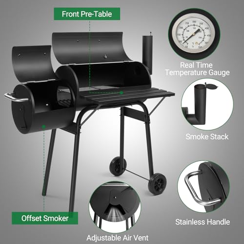 Large Charcoal Grill with Offset Smoker and Wood-Painted Side Table, Outdoor Smoker Grill with 811 Sq. In. Cooking Area for Outdoor Patio Barbecue Camping Parties Event, Black