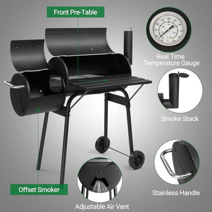 Large Charcoal Grill with Offset Smoker and Wood-Painted Side Table, Outdoor Smoker Grill with 811 Sq. In. Cooking Area for Outdoor Patio Barbecue Camping Parties Event, Black