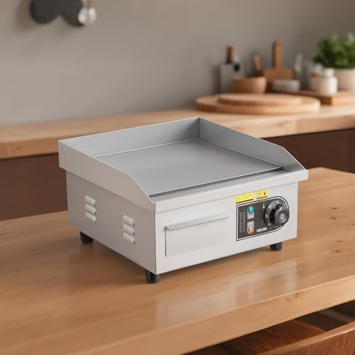 VEVOR 14" Commercial Electric Griddle,110V 1500W Electric Countertop Griddle Non-Stick Restaurant Teppanyaki flat top Grill Stainless Steel 122°F-572°F Adjustable Temperature Control(No Plug)