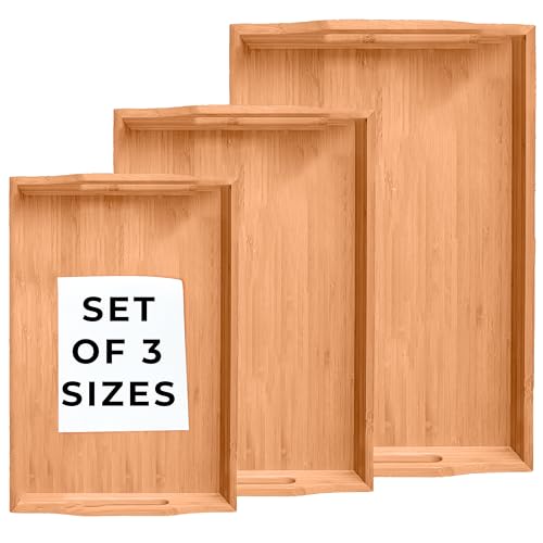 Prosumers Choice Wooden Tray - Light Brown Serving Trays with Handles - Nesting Design for Space Saving - Wooden Serving Tray for Food, Drinks, Snacks - Set of 3