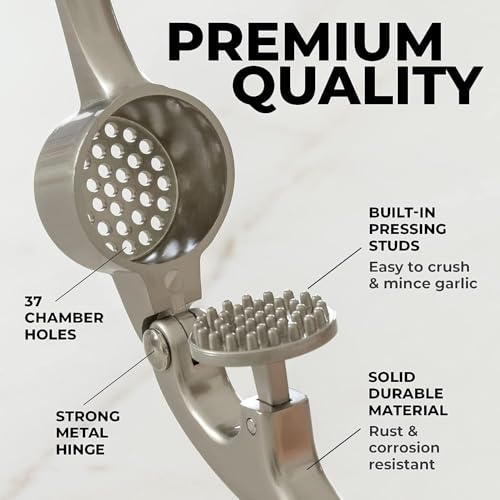 Zulay Kitchen Premium Garlic Press Set - Rust Proof Professional Garlic Mincer Tool - Easy-Squeeze, Easy-Clean with Soft, Ergonomic Handle - Silicone Garlic Peeler & Brush (Silver)