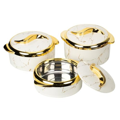 Hywisnok Luxury 3-Piece 2.6/2.1/1.6qt Thermal Casserole Dish Set with Lids, Insulated Stainless Steel Container for Hot & Cold Food, Serving Bowl for Buffets/Parties-Marble White