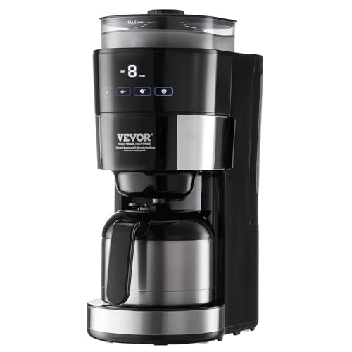 VEVOR Coffee Maker with Grinder, 8 Cup Programmable Coffee Machine, Grind and Brew Coffee Maker with 3 Brew Strength Control, Reusable Filter, Removable Water Tank, for Home Office Restaurant