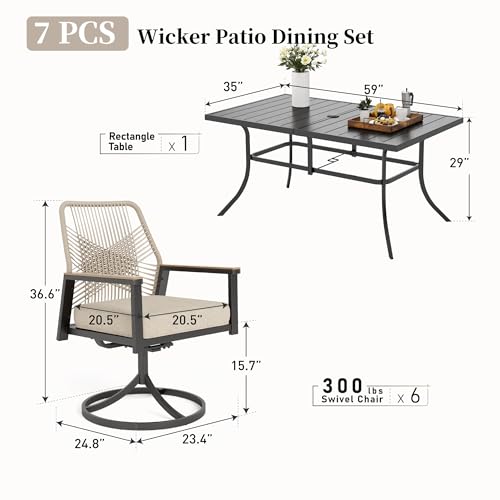 Patio Dining Set 7 Piece, 6 x Woven Rattan Swivel Chairs with Waterproof Cushion, 59" Rectangular Metal Dining Table with Umbrella Hole, Outdoor Table and Chairs Set for Backyard Lawn and Deck, Beige