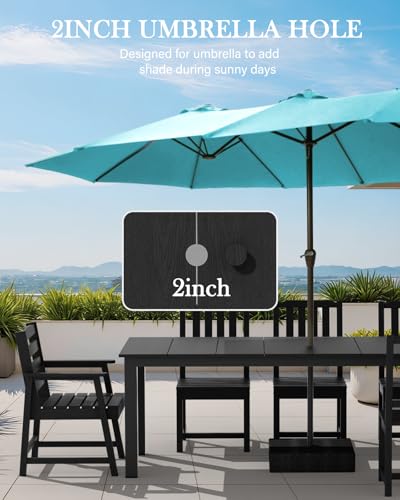 LOUNZY 9 Pieces Patio Dining Sets,Outdoor HDPE Furniture Set for 8 w/ 2" Hole Cut-Out Dining Table with 8 Patio Chairs(2 W/Armrest, 6 w/o Armrest),Black