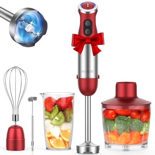 KOIOS 5-in-1 Hand Immersion Blender, 1000W 12 Speed Handheld Blender Stick with Copper Motor Stainless Steel Blade, 600ml Mixing Beaker,500ml Food Processor, Whisk, Milk Frother, Non-BPA, Red