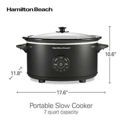 Hamilton Beach 7 Quart Set & Forget Portable Programmable Slow Cooker, 15 Cooking Options With 5 Time and 3 Heat Options, Large Dishwasher Safe Stoneware Crock and Glass, Lid Latch, Black (33670)