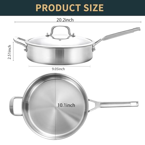 Yeksum 3-Quart Saute Pan with Lid | 10-Inch 3-Ply 18/10 Stainless Steel Deep Fry Pan & Large Skillet, Healthy Non-Toxic Cookware, Oven Safe 600°F & Dishwasher Safe