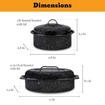 Granite Ware Roasting Set Covered 13 in and 15 in Oval roaster and 3 lb round roaster. Enameled Steel design to accomodate up to 7 lb and 10 lb poultry/roast. Resists up to 932°F.
