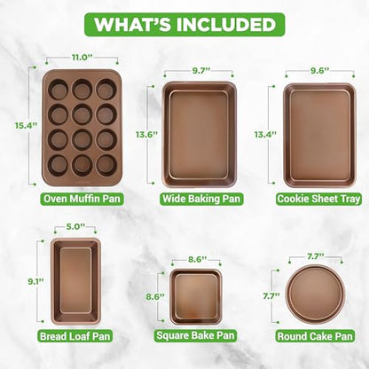NutriChef 6-Piece Nonstick Bakeware Set, Carbon Steel Baking Pans Set, Includes Cookie Sheets, Wide & Square Bake Pans, Bread Loaf & Round Cake Pan, Muffin Pan - Gold