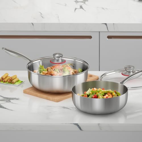 YeKuKing Tri-ply Stainless Steel Saute Pan 7.5-Quart with Clear Lid Deep Frying Pan for Chef's Cooking Wok Induction Oven Dishwasher Safe, Compatible with All Cooktops(Detachable Handle, 13Inch)