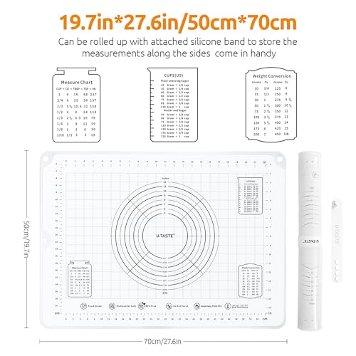 U-Taste 28"x20" Large Pastry Mat: Food-Grade Liquid Silicone Dough Rolling Baking Sheet, Non-Stick Non-Slip for Kneading, Making Pizza, Fondant with Clear Measurement and Raised Edges (Transparent)
