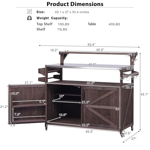 Merax 53.3" Outdoor Kitchen Island with Raised Shelf, Solid Wood Storage Cabinet with Stainless Steel Top, Rolling Grill Cart, Adjustable Shelf, Brown