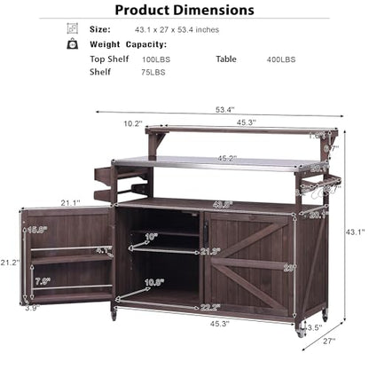 Merax 53.3" Outdoor Kitchen Island with Raised Shelf, Solid Wood Storage Cabinet with Stainless Steel Top, Rolling Grill Cart, Adjustable Shelf, Brown