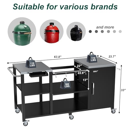 GDLF Grill Table for Big Green Egg Style BBQ, Heavy Duty Metal Outdoor Grill Station Prep Table with Storage,Compatible with Large Big Green Egg,Kamado Joe Classic