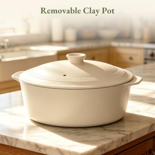 MAGNIFIQUE Slow Cooker, 4.5 Quart 8-in-1 Clay Pot Multi-Cooker, Non-Toxic Slow Cooker for Rice, Pasta, Steam & Proof, Nonstick, Oven Safe Pot to 500°F, Oatmeal
