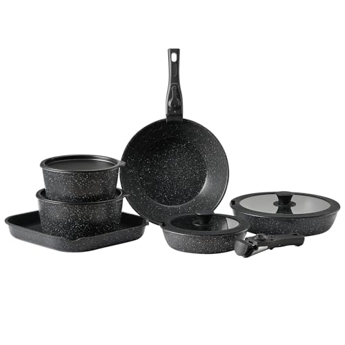 VEVOR 17 Piece Pots and Pans Set, Granite Nonstick Detachable Handle Cookware, Space Saving Induction Cookwares, Kitchen RV Cooking Sets with Frying, Sauce, Saute, Tempered Glass Lid, Oven Safe, Black