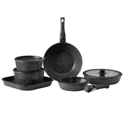 VEVOR 17 Piece Pots and Pans Set, Granite Nonstick Detachable Handle Cookware, Space Saving Induction Cookwares, Kitchen RV Cooking Sets with Frying, Sauce, Saute, Tempered Glass Lid, Oven Safe, Black