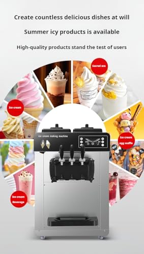 Commercial Ice Cream Machine,Soft Serve Ice Cream Machine Countertop, Soft Serve Machine with Built-in Puffing Pump, Dual Hopper&Pre-Cooling, Easy-Clean for Snack Dessert Shops (three-heads)