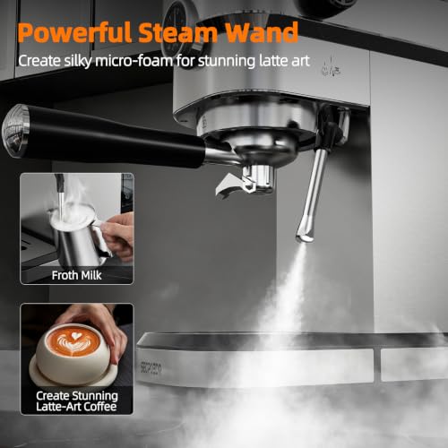 SECPOEDR 20 Bar Compact Espresso Machine with Pressure Gauge, Stainless Steel Espresso Maker with Milk Frother, Coffee Machine for Cappuccino & Latte, Silver