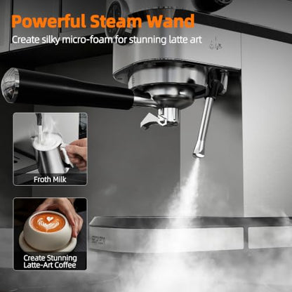 SECPOEDR 20 Bar Compact Espresso Machine with Pressure Gauge, Stainless Steel Espresso Maker with Milk Frother, Coffee Machine for Cappuccino & Latte, Silver