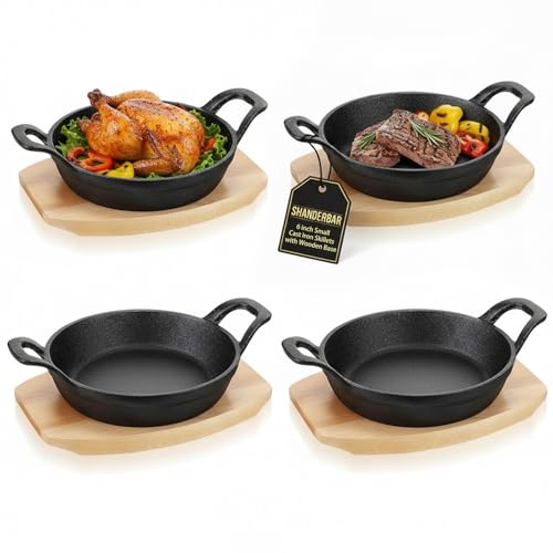4 Sets Mini Cast Iron Skillet, 6.3 Inch Small Cast Iron Skillets with Wooden Base, Round Mini Pan Fajita Plate Iron Pan Pot, Heavy Duty Cast-iron Cookware for Baking, Frying, Cooking, Serving & More