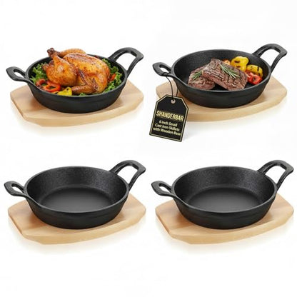 4 Sets Mini Cast Iron Skillet, 6.3 Inch Small Cast Iron Skillets with Wooden Base, Round Mini Pan Fajita Plate Iron Pan Pot, Heavy Duty Cast-iron Cookware for Baking, Frying, Cooking, Serving & More