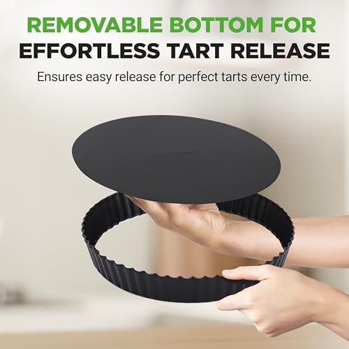 NutriChef 2 Round Tart Pans | 9 Inch Carbon Steel Cheesecake Baking Trays with Removable Base | Nonstick & Even Heat Distribution | Includes 100 Parchment Papers | Height of 1 Inch | Black