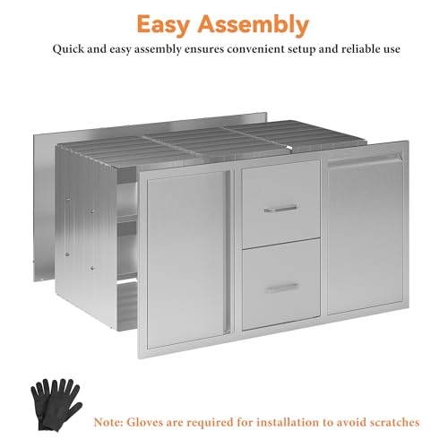 Jocisland 41.5" W20 D23 H Stainless Steel Outdoor Kitchen Drawers, Double Drawers with Trash Drawer & Door, 3-Tier Cabinet, Built-in BBQ Island Storage for Outdoor Kitchens
