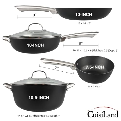 Cuisiland 4-Piece Honeycomb Cast Iron Cookware Set – 2.5QT/7.5'' Milk Pot, 10" Frying Pan, 10" Shallow Braising Pan & 5.5QT/10.5'' Casserole Pot, Non-Stick, Oven Safe, Classic Heat Retention