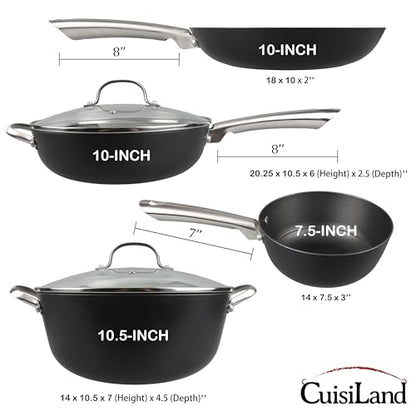 Cuisiland 4-Piece Honeycomb Cast Iron Cookware Set – 2.5QT/7.5'' Milk Pot, 10" Frying Pan, 10" Shallow Braising Pan & 5.5QT/10.5'' Casserole Pot, Non-Stick, Oven Safe, Classic Heat Retention